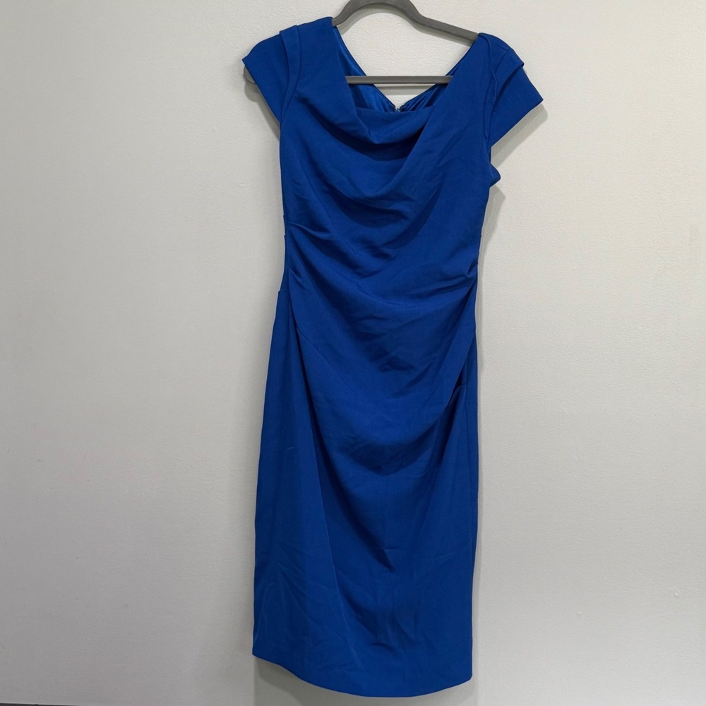 Adrianna Papell Royal Blue Cowl Neck Ruched Sheath Dress Size 6 Cap Sleeve Midi